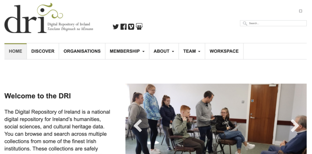 Screenshot from the homepage of the digital repository of Ireland DRI.ie